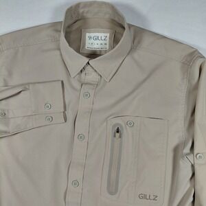 Gillz Mens Medium Fishing Shirt Long Sleeve Button Up Tan Performance Stretch